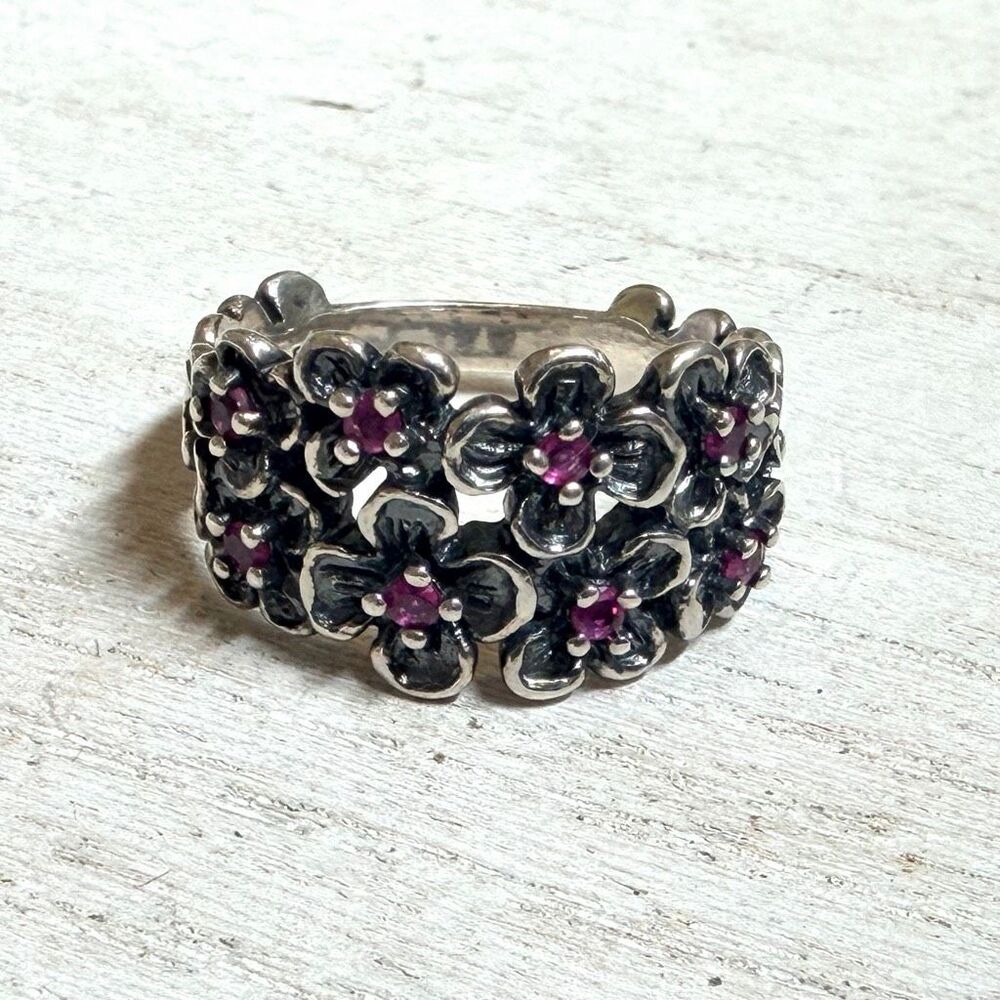 Or Paz PZ Israel Sterling Silver Ruby Flower Band Ring - Picture 4 of 7